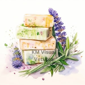 May include: Watercolor illustration of four stacked rectangular soaps in shades of yellow, green, and beige, with visible botanical inclusions. Lavender sprigs and green leaves are arranged around the soaps. The text "KM Visual Vetures" is visible.