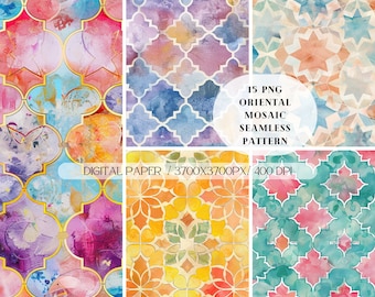 Puede incluir: Seis papeles digitales de acuarela con patrones de mosaicos orientales en varios colores, incluyendo azul, rosa, naranja y dorado. Los diseños presentan intrincadas formas geométricas. El texto dice "15 PNG Oriental Mosaic Seamless Pattern".