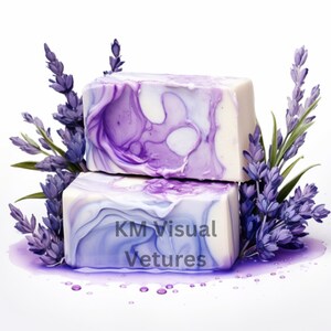 May include: Two stacked bars of soap with a marbled purple and white design, accented by sprigs of lavender. The soap has the text "KM Visual Vetures" on the bottom bar. The soap is on a white background.