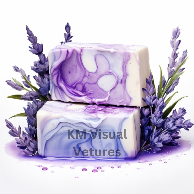 May include: Two stacked bars of soap with a marbled purple and white design, accented by sprigs of lavender. The soap has the text "KM Visual Vetures" on the bottom bar. The soap is on a white background.