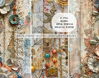 Boho Junk Journal Paper Beige Color PNG, Junk Journal Kit, Printable Journal Pages, Digital Paper Ephemera, Distressed Collage Bohemian