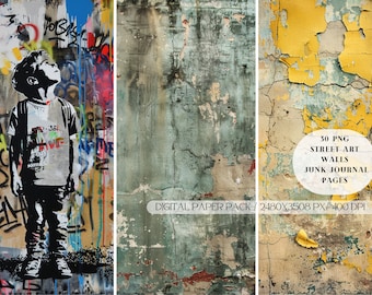 Digitaal graffitipapier op bakstenen muur: Urban Art Junk Journal (directe download)