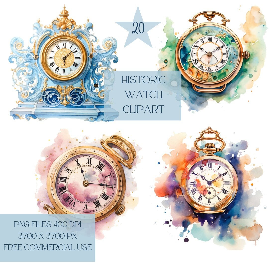 Watercolor Vintage Pocket Watch Clipart PNG, Vintage Timepiece Artwork