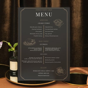 Elegancki szablon menu na przyjęcie obiadowe, cyfrowe natychmiastowe pobieranie, edytowalny szablon DIY do dostosowania, Nowy Rok, kolacja wigilijna, specjalne okazje