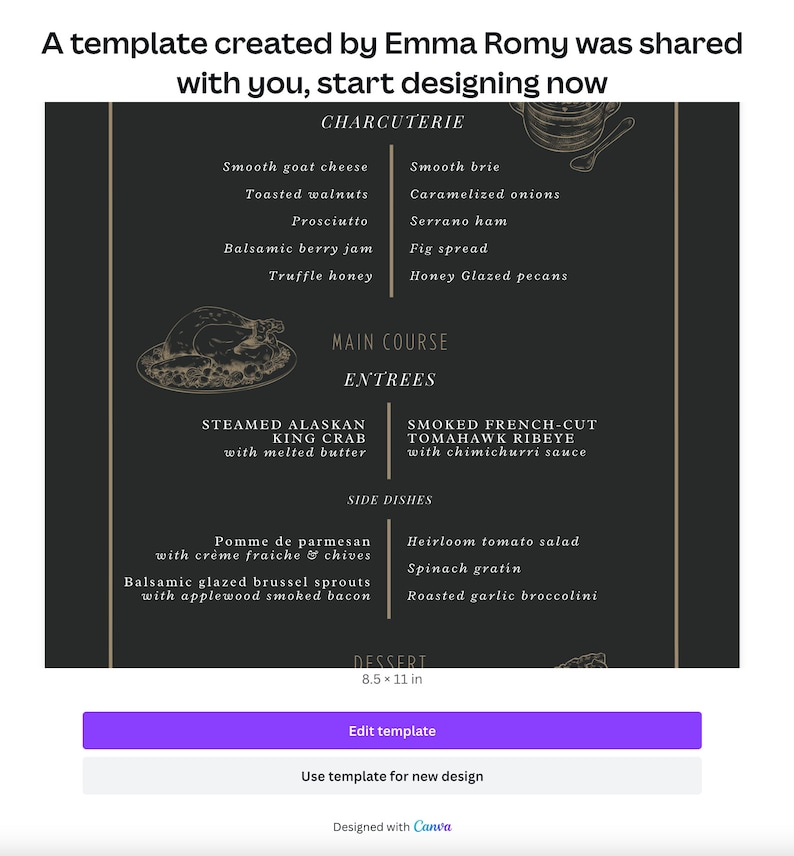Elegant Dinner Party Menu Template,digital Instant Download,editable