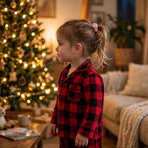 May include: A long-sleeved button-down pajama shirt featuring a red and black buffalo plaid pattern. The shirt has a classic collar, a single chest pocket on the left side, and matching red and black plaid pajama pants.