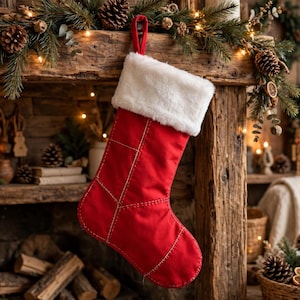 Puede incluir: Un calcetín navideño de tela roja con un borde de piel sintética blanca en la parte superior y una trabilla para colgar. El cuerpo rojo del calcetín está construido con costuras claras visibles que crean un patrón geométrico de parches.