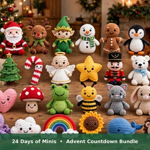 May include: A collection of twenty-four small crocheted figures including a Santa Claus, reindeer, elf, snowman, gingerbread person, penguin, Christmas tree, candy cane, angel, star, nutcracker, bear, heart, mushroom, frog, bee, cat, rabbit, cloud, rainbow, sunflower, and whale.