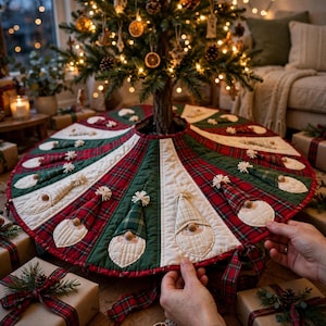 May include: A circular Christmas tree skirt featuring alternating panels of red and green plaid fabric and solid cream fabric. Each panel is decorated with a quilted gnome applique wearing a plaid hat and a white beard.