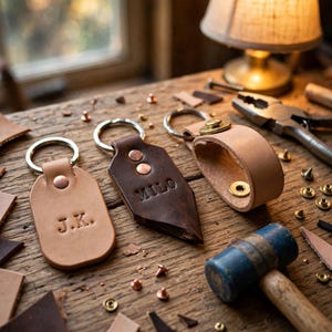May include: Three leather keychains with metal rings. One light tan keychain is stamped with J.K., one dark brown keychain is stamped with MILO, and one light tan loop keychain features a brass snap button closure.