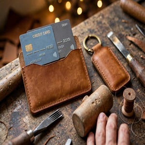 May include: A tan leather card holder containing two credit cards, one blue and one dark gray, both featuring the text CREDIT CARD. Beside it lies a matching tan leather keychain, a wooden mallet, a metal tool, and a small wooden spool.