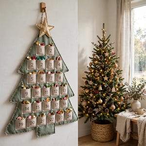 May include: A wall-hanging fabric advent calendar shaped like a Christmas tree in sage green, featuring twenty-four beige pockets numbered one through twenty-four, topped with a gold star and filled with various small treats and candies.