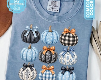 Authentic Blue Bow Pumpkin Shirt, Preppy Fall Shirt for Women & Girls, Cute Autumn Tee, Pumpkin Patch Shirt, Womens Thanksgiving Gift Tshirt