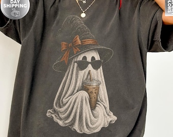 Сute Ghost Coffee Comfort Colors® Shirt, Halloween Coffee Lovers Tee, Boo Ghost Shirt, Ghost Coffee Shirt, Fall Coffee Spice Latte T shirt
