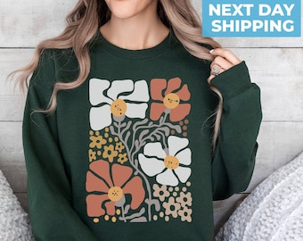 Boho Flower Sweatshirt Unisex Wildflower Sweater Women Floral Minimalist Sweater Spring Clothing Flower Print Sweatshirt Woman Gift for Her