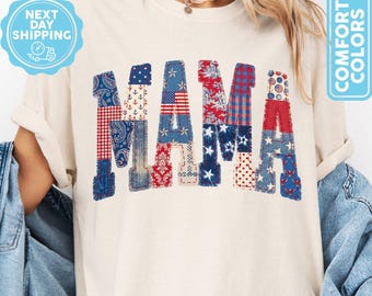 Camiseta Comfort Colors® Faux Patchwork Patriotic Mama Tee, Regalo Coquette American Mama, Camiseta USA Mama, Camisetas Cottagecore, Camiseta del 4 de julio para mujer