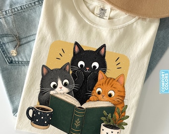 Retro Reading Cats Graphic Tee, Book Lover Cat Shirt, Cozy Cottagecore Vintage Top, Comfort Colors® Reader Gift Gift For Her, Bookish Merch
