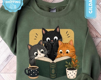 Retro Reading Cats Sweatshirt, Book Lover Cat Shirt, Cozy Cottagecore Vintage Sweater, Reader Gift For Her, Boktok Shirt, Bookish Merch