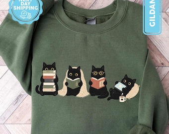 Black Cats Reading Sweatshirt, Book Lover Cat Shirt, Cozy Reader Gift For Her, Bookish Merch, Librarian Sweater, Book Club Gifts, Book Nerd
