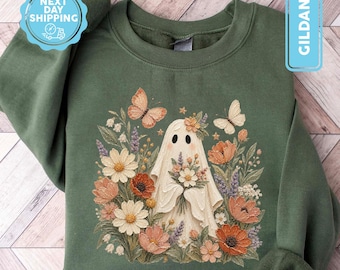 Cute Ghost Sweatshirt, Fall Crewneck for Women, Floral Boho Cozy Season Pumpkin Sweater, Womens Halloween Outfit, Vintage Flower Ghost Shirt