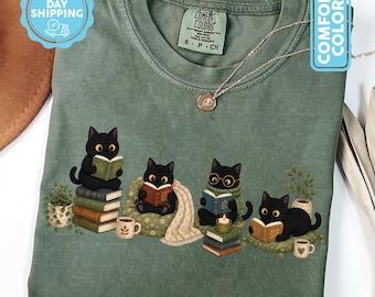 Black Cat Reading Shirt, Book Lover Cat Tee, Cozy Reader Gift For Her, Cat Mom Shirt, Librarian Bookish Merch, Book Club Gifts, Booktok Tee