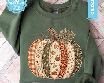 Faux Patchwork Fall Pumpkin Sweatshirt, Fall Crewneck for Women, Pumpkin Sweater, Autumn Outfit, Pumpkin Patch Shirt, Thanksgiving Shirts