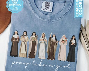 Camiseta católica Comfort Colors®, camiseta cristiana "Reza como una niña", regalos católicos para mujeres, camiseta católica mariana, camiseta de la Virgen María