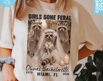 Camiseta divertida vintage con foto de mapache "Girls Gone Feral" para despedida de soltera, camiseta "Feral Bride" para despedida de soltera, regalos para despedidas de soltera.