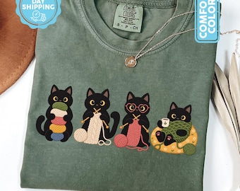 Black Cats Knitting Comfort Colors® Shirt, Yarn Lover Gift For Cat Mom, Cat Lover Gift For Knitter, Funny Knitting Tee, Great Grandma Gifts