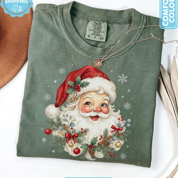 Retro Santa Shirt, Comfort Colors® Christmas Tee, Women's Holiday Shirts, Vintage Santa Xmas Gift for Her, Coquette Christmas T shirt