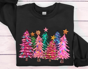 Pink Tree Christmas Sweater, Merry And Bright Sweatshirt, Christmas Crewneck, Christmas Tree Shirt, Holiday Sweaters for Women, Winter Shirt