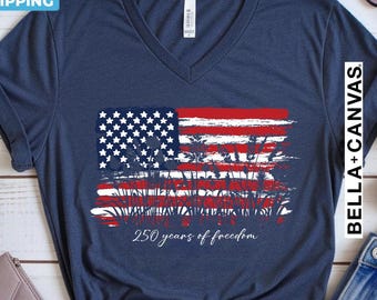 Womens Patriotic V Neck Shirt, 250 Years of Freedom Floral Tee, 250th Anniversary Shirt, America 250 T Shirts, Fourth of July Wildflower Top