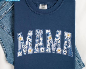 Camiseta personalizada Mama Comfort Colors® estilo patchwork floral para abuela Gigi, camiseta de manga larga Mimi Nana Gigi para el Día de la Madre.
