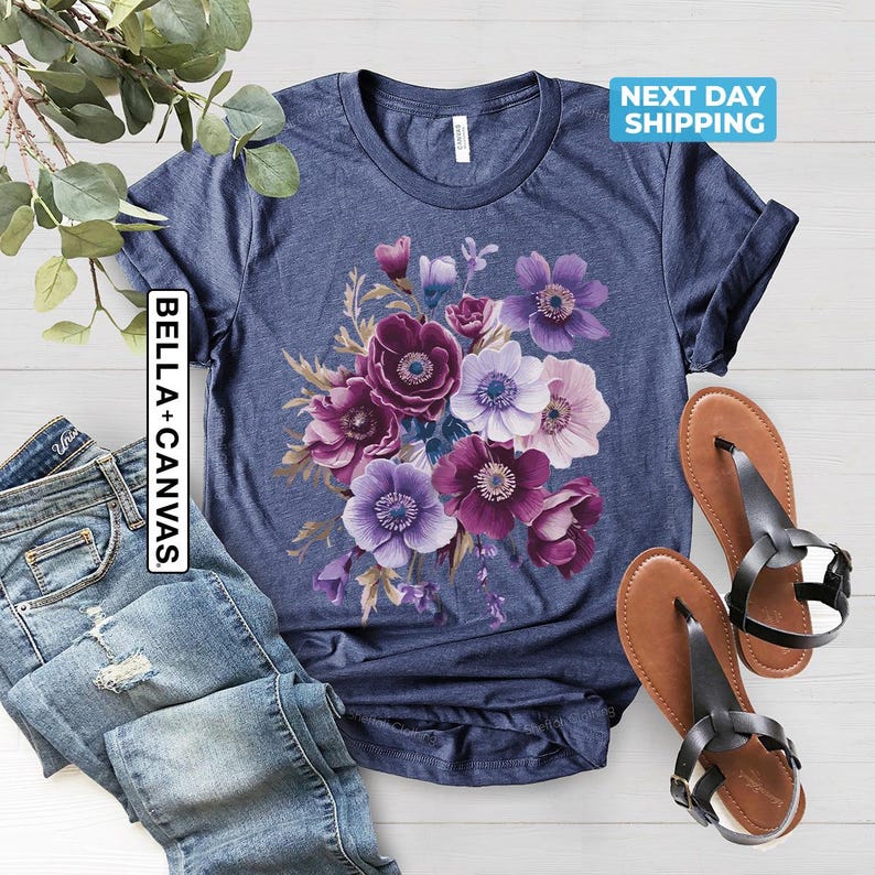 Vintage Pressed Flowers Shirt, Boho Cottagecore Tshirt, Botanical Purple Floral Tee, Wildflowers Shirt Women, Anemones Gift, Garden Lover