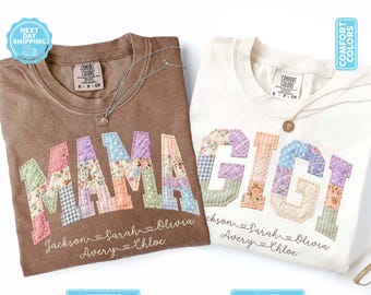 Personalized Gigi Faux Patchwork Shirt Comfort Colors® Grandma Shirt With Grandkids, Custom Mimi Tee, Nana, Gift For Gigi, Mothers Day Gift