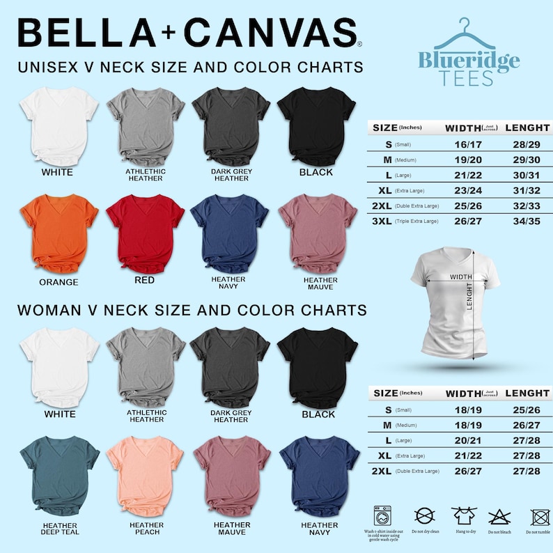 May include: A chart displaying Bella+Canvas unisex and women's V-neck t-shirt colors and sizes. Colors include white, black, red, and heather shades. Size measurements are provided in inches, with widths ranging from 16 to 26 inches and lengths from 25 to 35 inches.