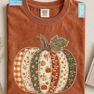 May include: A rust-colored t-shirt featuring a large, central pumpkin graphic composed of various fabric-like patches in patterns of orange gingham, floral prints, and solid green. The pumpkin has a textured brown stem and a green leaf.