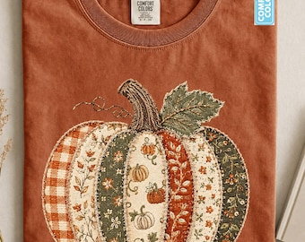 Faux Patchwork Fall Pumpkin Shirt, Comfort Colors® Autumn Thanksgiving Shirt, Women Boho Pumpkin Tee, Cute Pumpkin Patch, Checkered Pumpkins