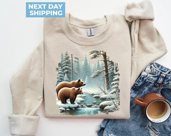 Retro Grizzly Bears Wilderness Scene Sweatshirt, Nineties 90s Vintage Bear Outfit, Boho Unisex Crewneck Sweatshirt, Nature Camping Sweater