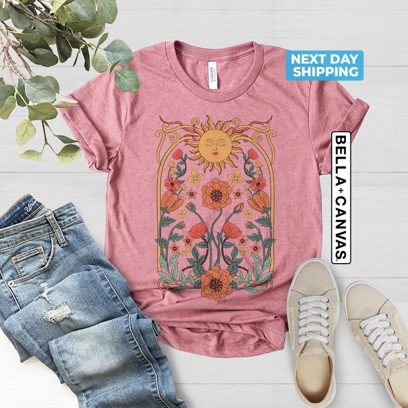 Boho Floral Tshirt Art Nouveau, Wildflower Shirt, Cottagecore Shirt, Floral Nature Shirt, Retro Art Nouveau Art Deco Shirt, Mystical Shirt bild 4