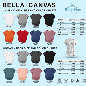 May include: A chart displaying Bella+Canvas unisex and women's V-neck t-shirt colors and sizes. Colors include white, black, red, and heather shades. Size measurements are provided in inches for width and length, ranging from S to 3XL.