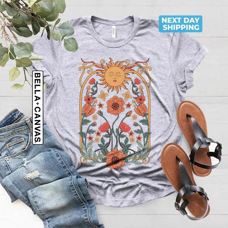 Boho Floral Tshirt Art Nouveau, Wildflower Shirt, Cottagecore Shirt, Floral Nature Shirt, Retro Art Nouveau Art Deco Shirt, Mystical Shirt bild 3