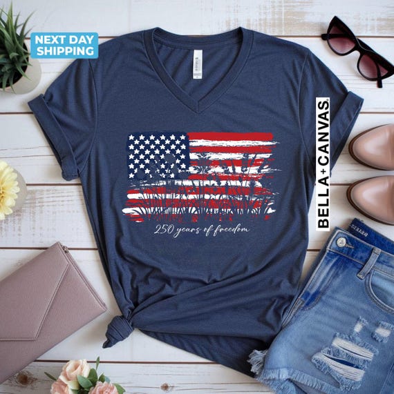 Womens Patriotic V Neck Shirt, 250 Years of Freedom Floral Tee, 250th Anniversary Shirt, America 250 T Shirts, Fourth of July Wildflower Top