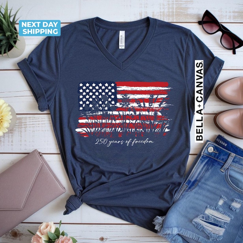 Womens Patriotic V Neck Shirt, 250 Years of Freedom Floral Tee, 250th Anniversary Shirt, America 250 T Shirts, Fourth of July Wildflower Top