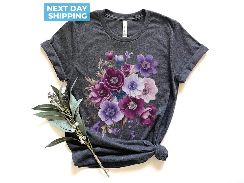Vintage Pressed Flowers Shirt, Boho Cottagecore Tshirt, Botanical Purple Floral Tee, Wildflowers Shirt Women, Anemones Gift, Garden Lover