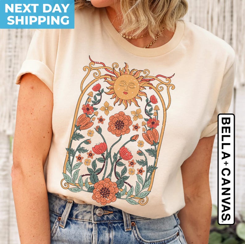 Boho Floral Tshirt Art Nouveau, Wildflower Shirt, Cottagecore Shirt, Floral Nature Shirt, Retro Art Nouveau Art Deco Shirt, Mystical Shirt bild 2