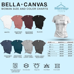 May include: A product image displaying a Bella+Canvas woman's t-shirt size and color chart. The chart shows various t-shirt colors, including white, heather mauve, heather maroon, and black. Size measurements are provided in inches, with width and length dimensions for sizes S to 3XL.