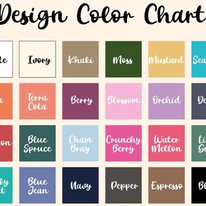 May include: Color chart with 20 different color swatches. The colors are labeled with names like White, Ivory, Khaki, Moss, Mustard, Seafoam, Yam, Terra Cota, Berry, Blossom, Orchid, Denim, Crimson, Blue Spruce, Chambray, Crunchy Berry, Water Mellon, Light Green, Chalky Mint, Blue Jean, Navy, Pepper, Espresso, and Black.