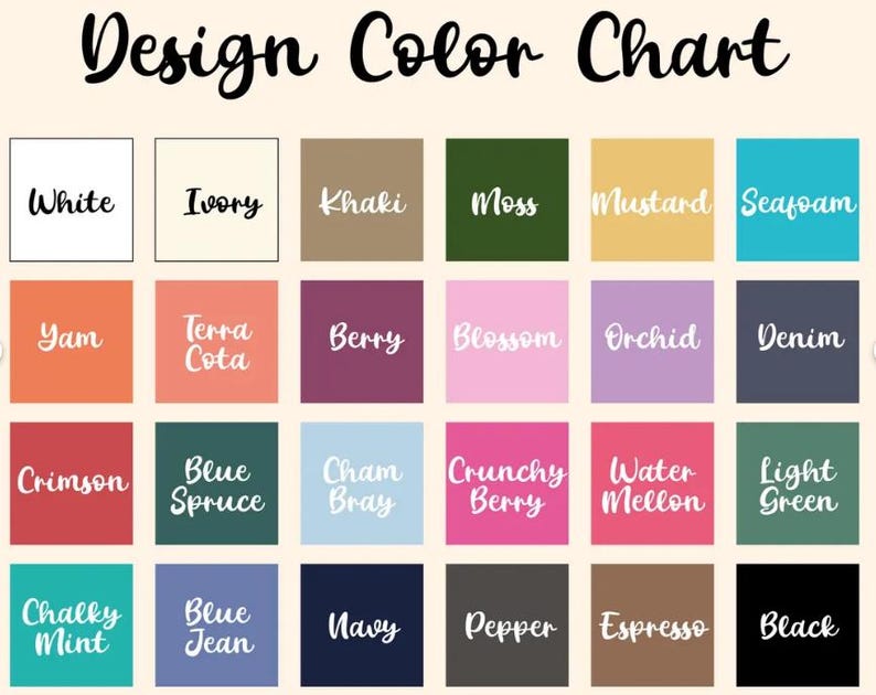 May include: Color chart with 20 different color swatches. The colors are labeled with names like White, Ivory, Khaki, Moss, Mustard, Seafoam, Yam, Terra Cota, Berry, Blossom, Orchid, Denim, Crimson, Blue Spruce, Chambray, Crunchy Berry, Water Mellon, Light Green, Chalky Mint, Blue Jean, Navy, Pepper, Espresso, and Black.