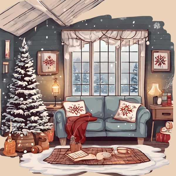 35 Watercolour cozy Winter room window clipart bundle,snowy clipart,winter decor, candles, throws, cozy winter room,cottagecore  transparent
